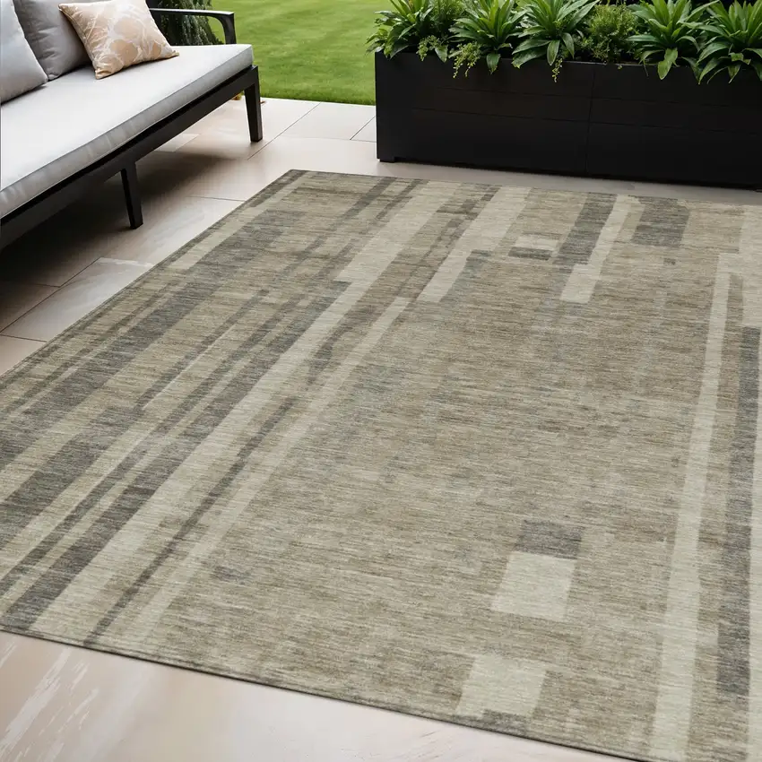 Taupe And Dark Gray Striped Washable Indoor Outdoor Area Rug Photo 1