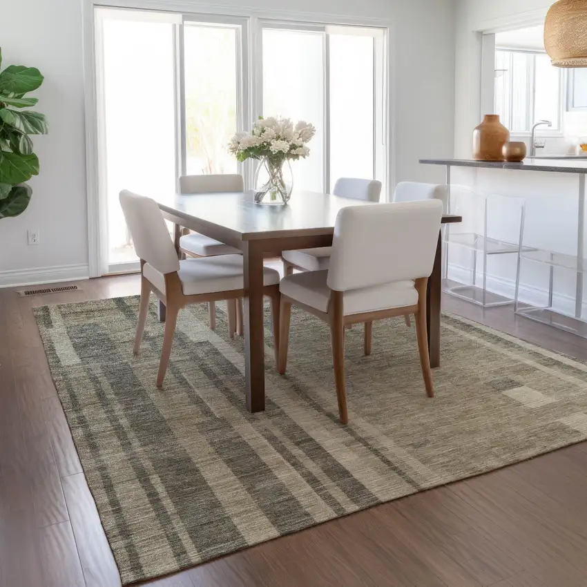 Taupe And Dark Gray Striped Washable Indoor Outdoor Area Rug Photo 9