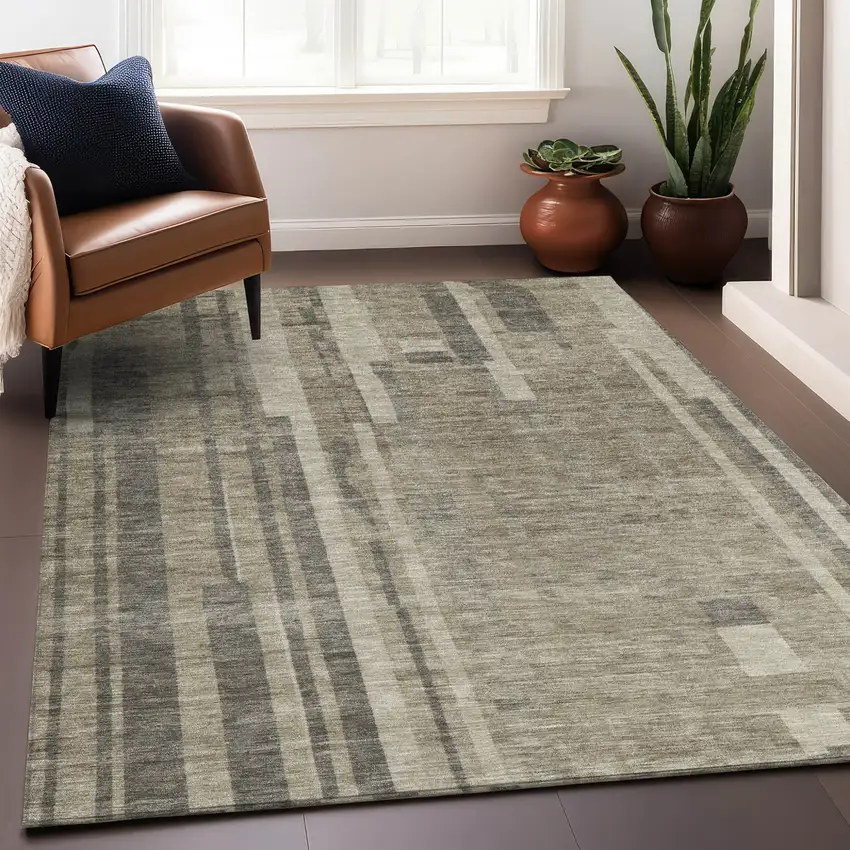 Taupe And Dark Gray Striped Washable Indoor Outdoor Area Rug Photo 8