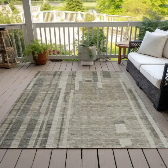 Taupe And Dark Gray Striped Washable Indoor Outdoor Area Rug Photo 7