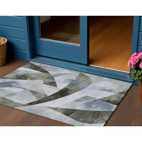 Taupe And Denim Blue Abstract Washable Indoor Outdoor Area Rug Photo 2