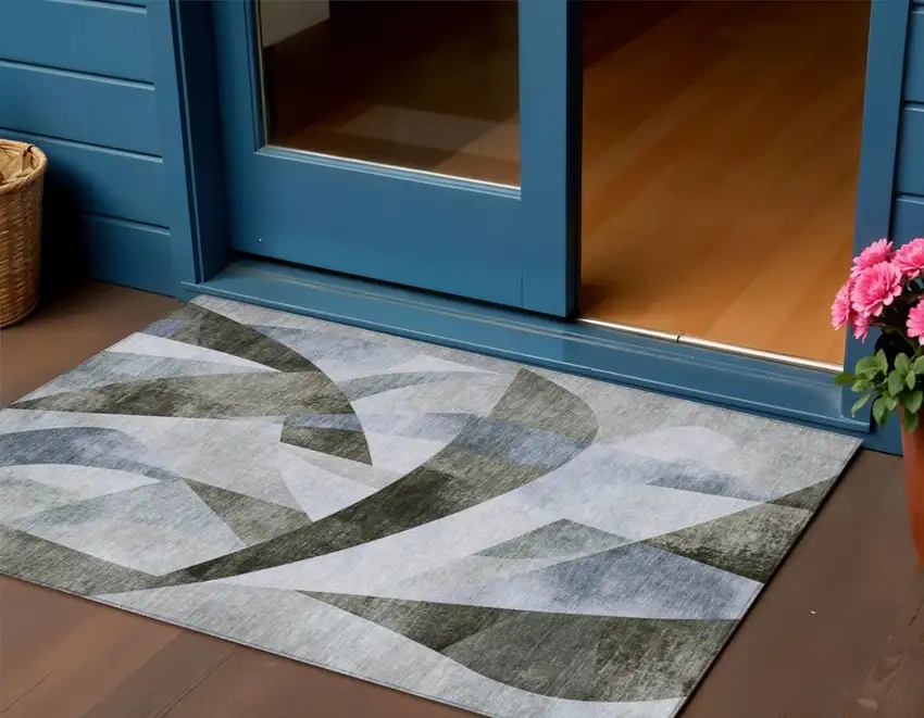 Taupe And Denim Blue Abstract Washable Indoor Outdoor Area Rug Photo 2