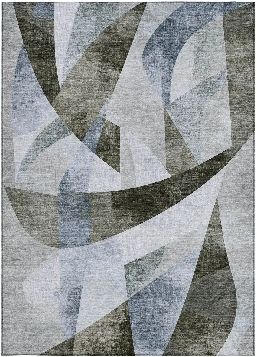 Taupe And Denim Blue Abstract Washable Indoor Outdoor Area Rug Photo 3
