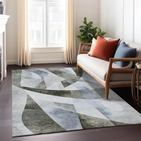 Taupe And Denim Blue Abstract Washable Indoor Outdoor Area Rug Photo 7