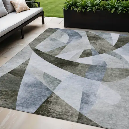 Taupe And Denim Blue Abstract Washable Indoor Outdoor Area Rug Photo 2