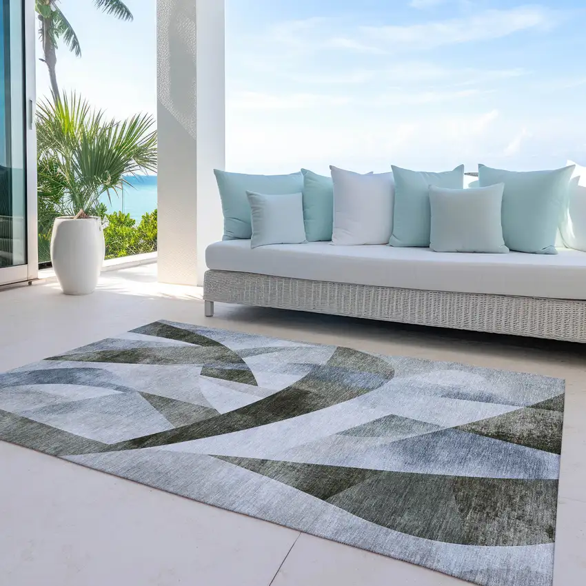 Taupe And Denim Blue Abstract Washable Indoor Outdoor Area Rug Photo 5