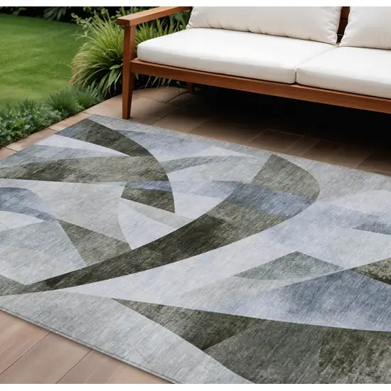 Taupe And Denim Blue Abstract Washable Indoor Outdoor Area Rug Photo 2