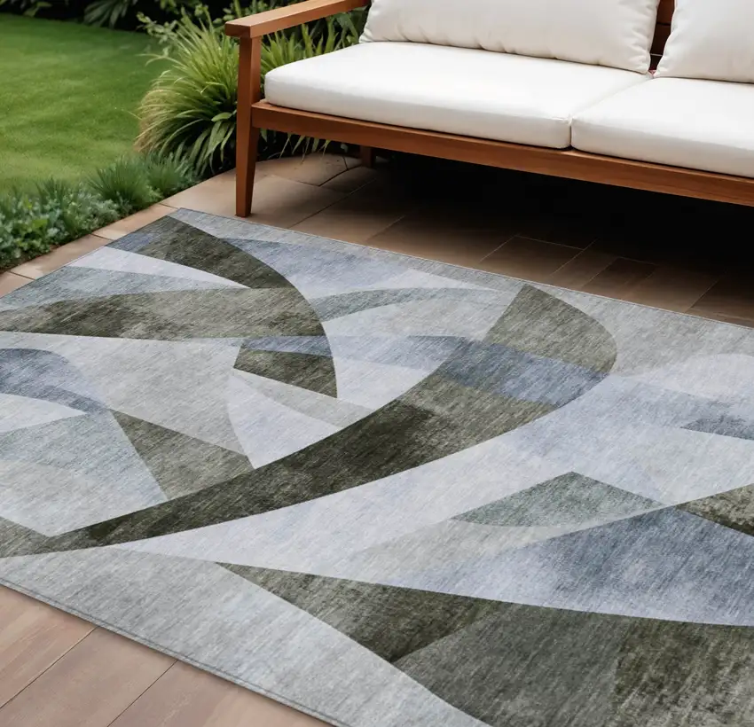 Taupe And Denim Blue Abstract Washable Indoor Outdoor Area Rug Photo 2