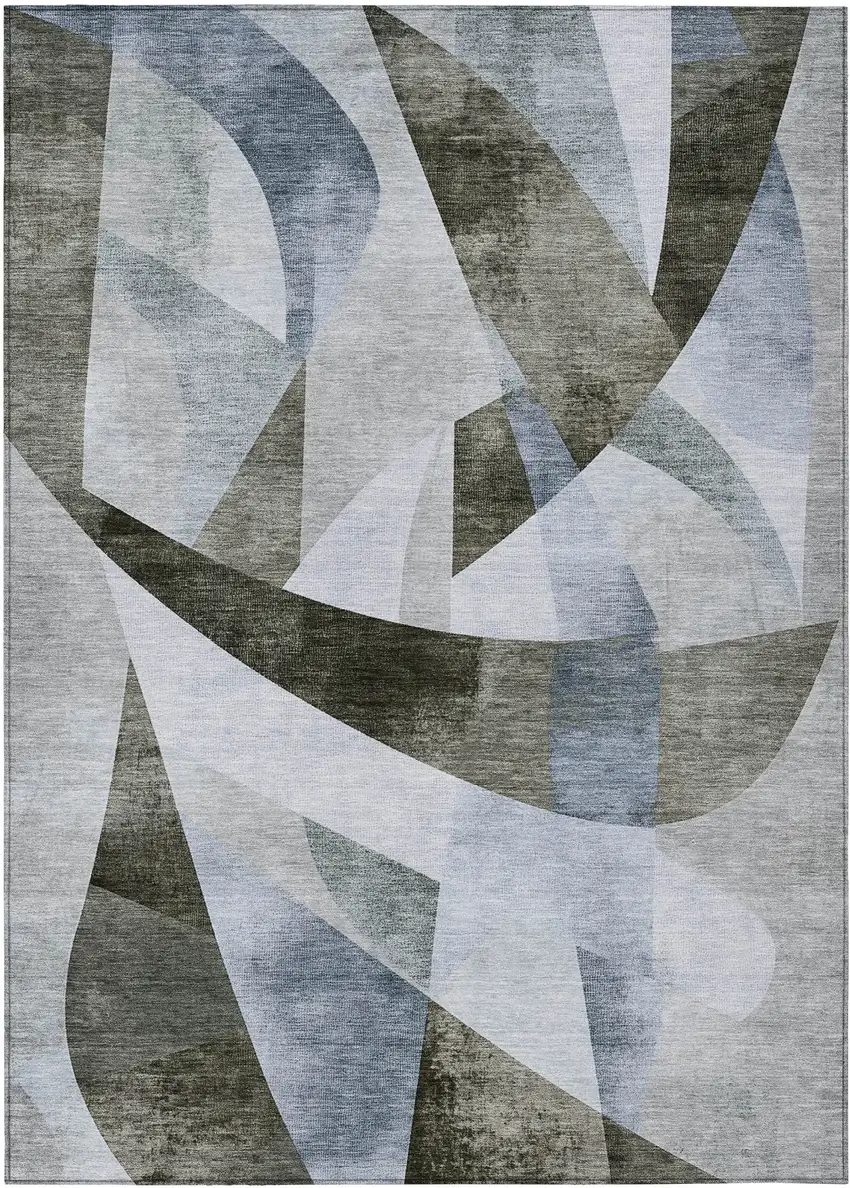 Taupe And Denim Blue Abstract Washable Indoor Outdoor Area Rug Photo 1