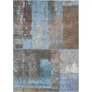 Photo of Taupe And Denim Blue Abstract Washable Indoor Outdoor Area Rug