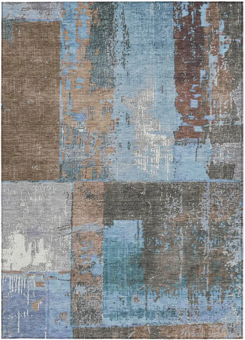 Taupe And Denim Blue Abstract Washable Indoor Outdoor Area Rug Photo 3