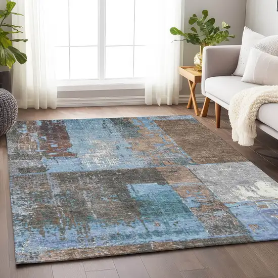 Taupe And Denim Blue Abstract Washable Indoor Outdoor Area Rug Photo 6