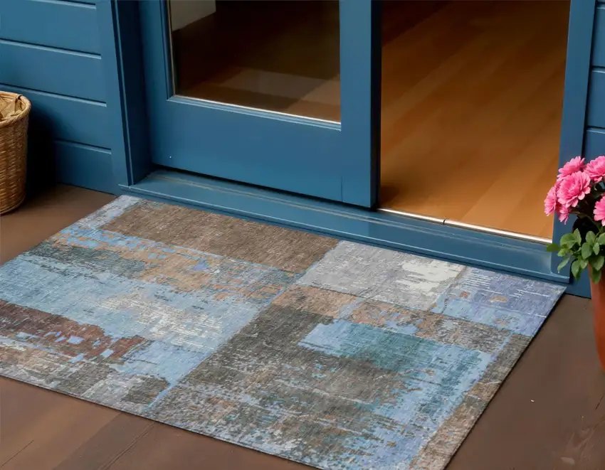 Taupe And Denim Blue Abstract Washable Indoor Outdoor Area Rug Photo 2
