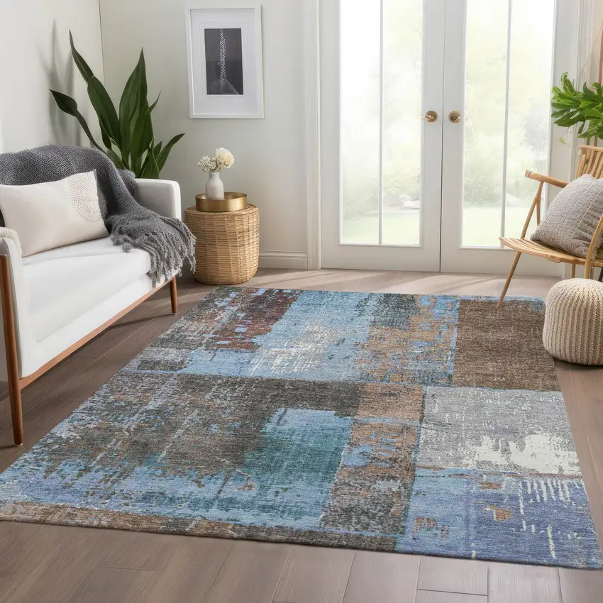 Taupe And Denim Blue Abstract Washable Indoor Outdoor Area Rug Photo 7