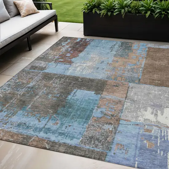 Taupe And Denim Blue Abstract Washable Indoor Outdoor Area Rug Photo 2