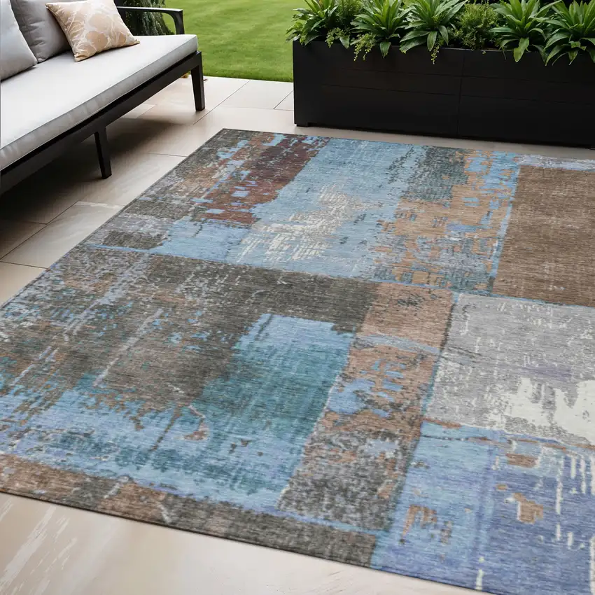 Taupe And Denim Blue Abstract Washable Indoor Outdoor Area Rug Photo 2