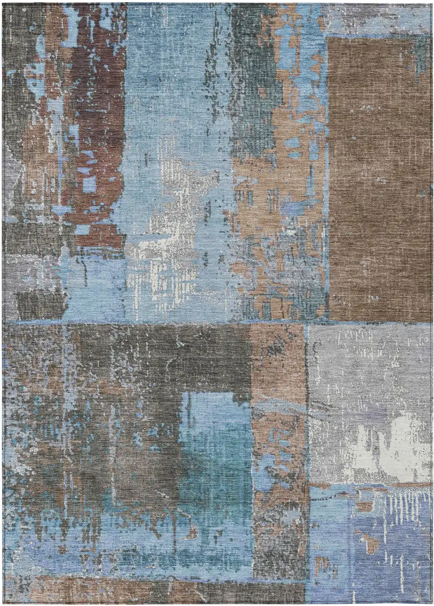 Taupe And Denim Blue Abstract Washable Indoor Outdoor Area Rug Photo 1