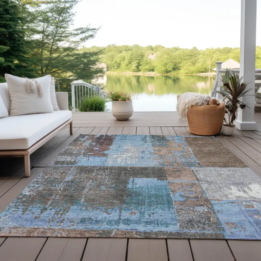 Taupe And Denim Blue Abstract Washable Indoor Outdoor Area Rug Photo 5