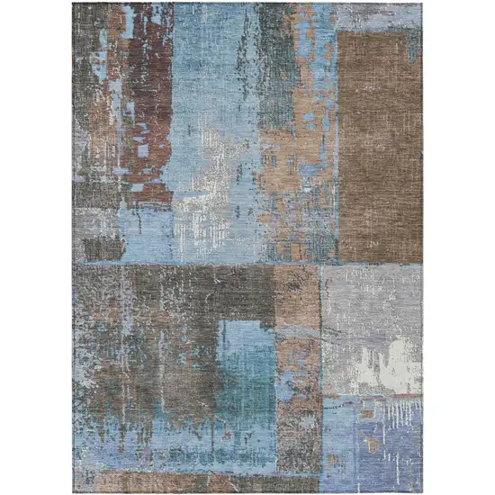Taupe And Denim Blue Abstract Washable Indoor Outdoor Area Rug Photo 1