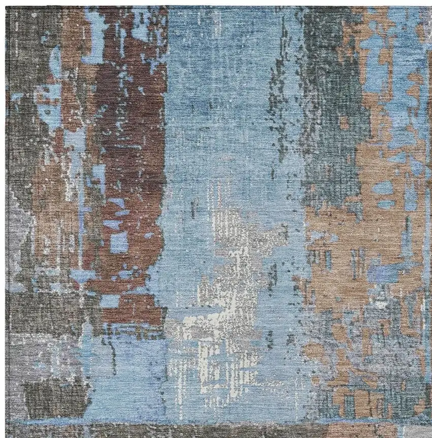 Taupe And Denim Blue Abstract Washable Indoor Outdoor Area Rug Photo 3