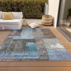 Photo of Taupe And Denim Blue Abstract Washable Indoor Outdoor Area Rug