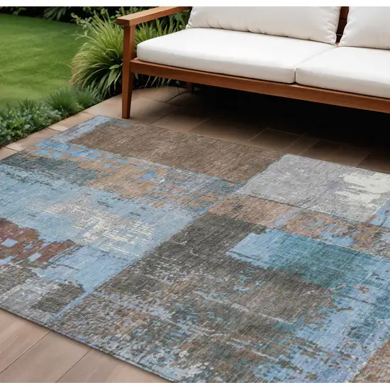 Taupe And Denim Blue Abstract Washable Indoor Outdoor Area Rug Photo 2