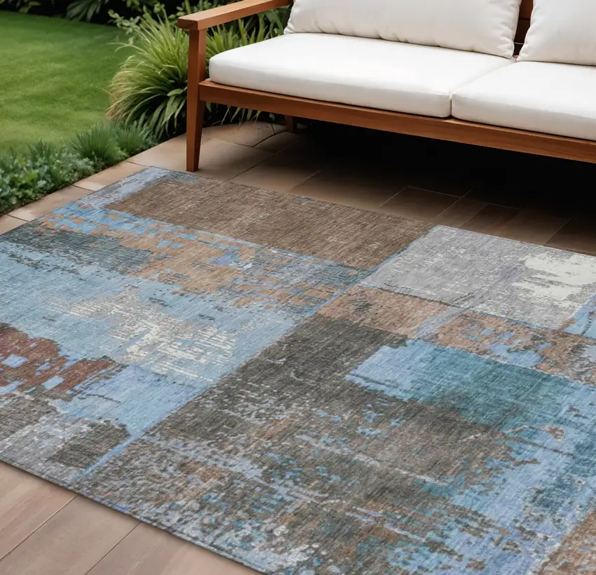 Taupe And Denim Blue Abstract Washable Indoor Outdoor Area Rug Photo 2