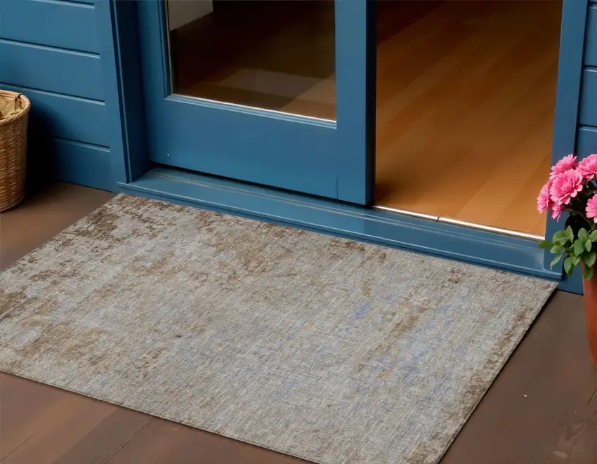 Taupe And Denim Blue Abstract Washable Indoor Outdoor Area Rug Photo 2