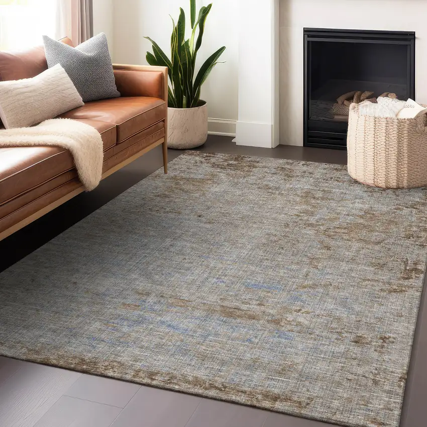 Taupe And Denim Blue Abstract Washable Indoor Outdoor Area Rug Photo 6