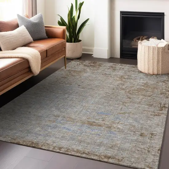 Taupe And Denim Blue Abstract Washable Indoor Outdoor Area Rug Photo 6