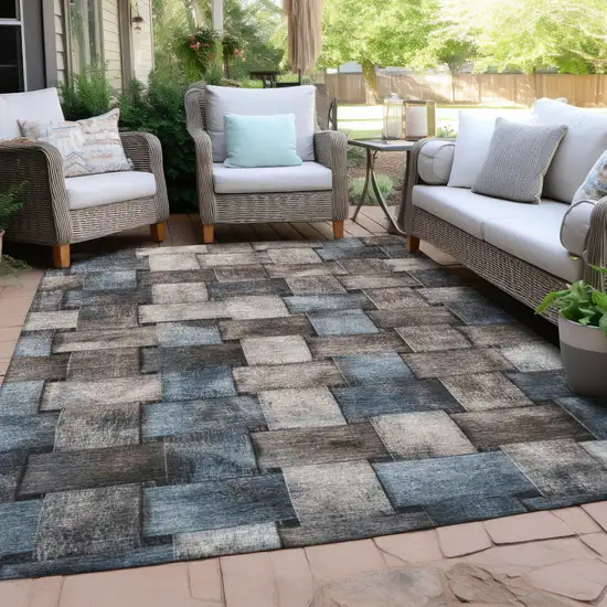 Taupe And Denim Blue Striped Washable Indoor Outdoor Area Rug Photo 5