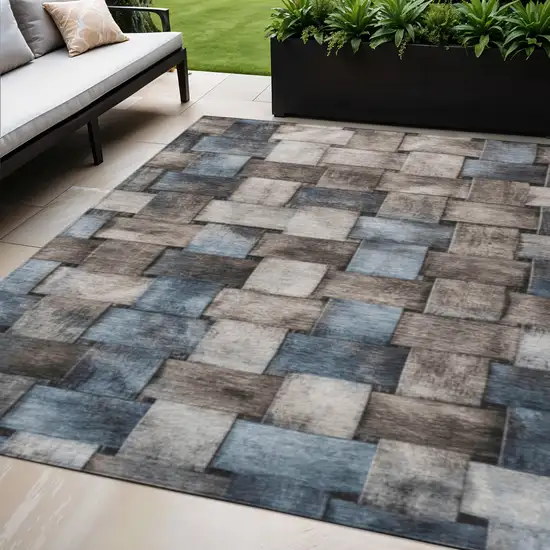 Taupe And Denim Blue Striped Washable Indoor Outdoor Area Rug Photo 2