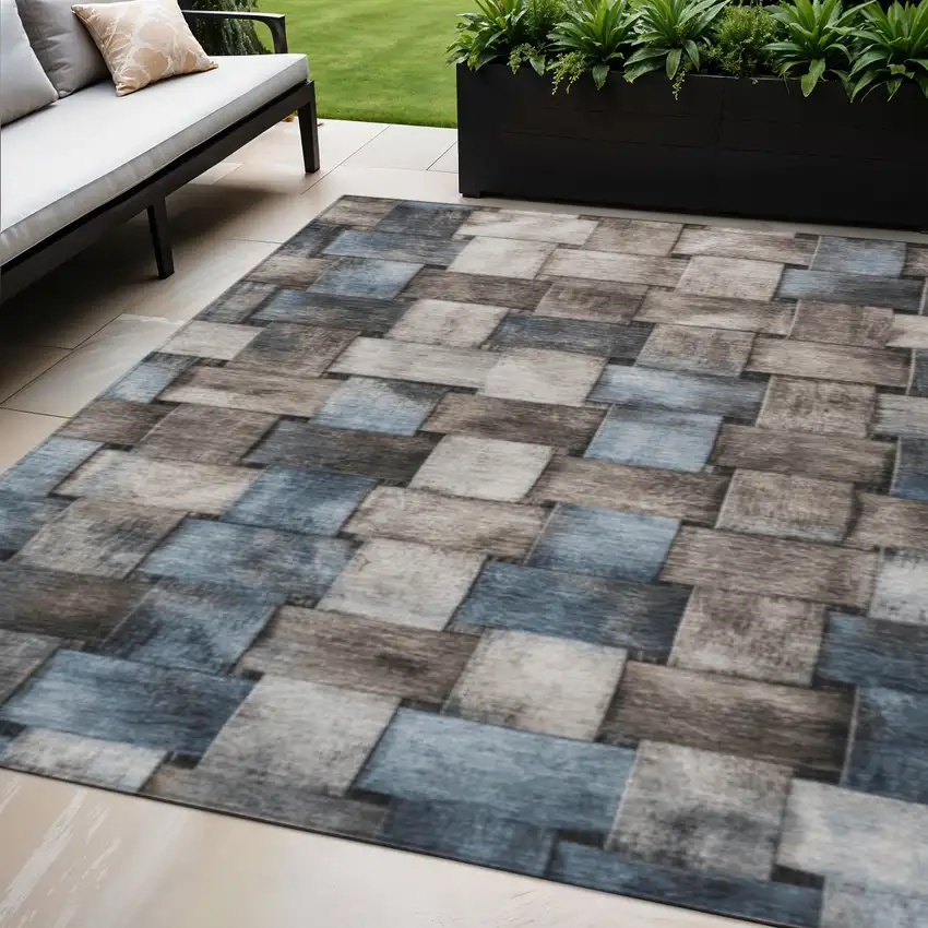 Taupe And Denim Blue Striped Washable Indoor Outdoor Area Rug Photo 2