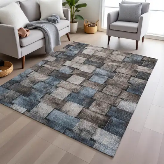 Taupe And Denim Blue Striped Washable Indoor Outdoor Area Rug Photo 6