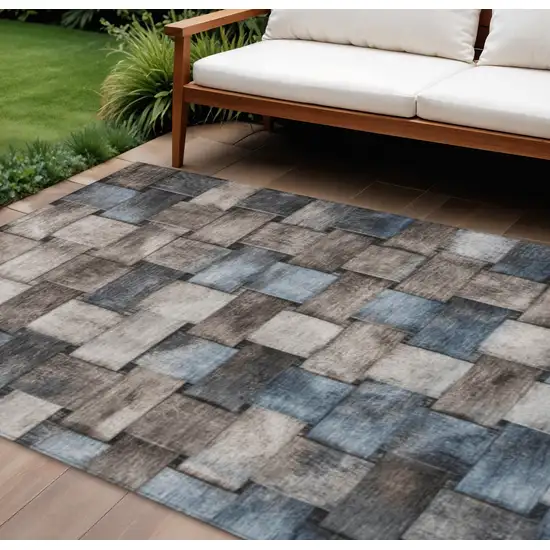 Taupe And Denim Blue Striped Washable Indoor Outdoor Area Rug Photo 2