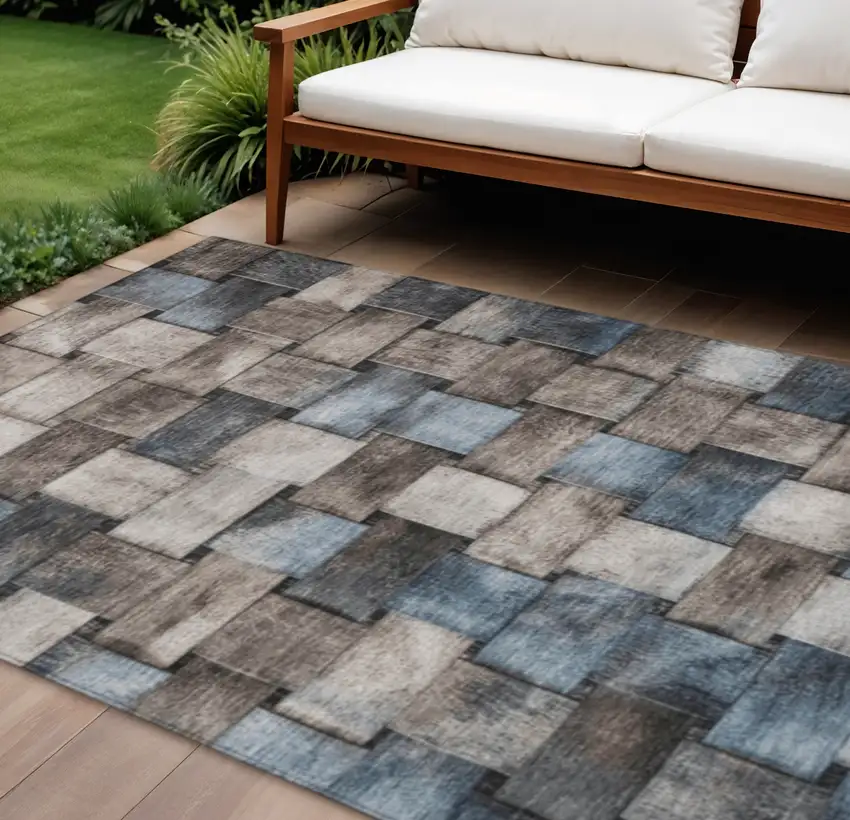 Taupe And Denim Blue Striped Washable Indoor Outdoor Area Rug Photo 2