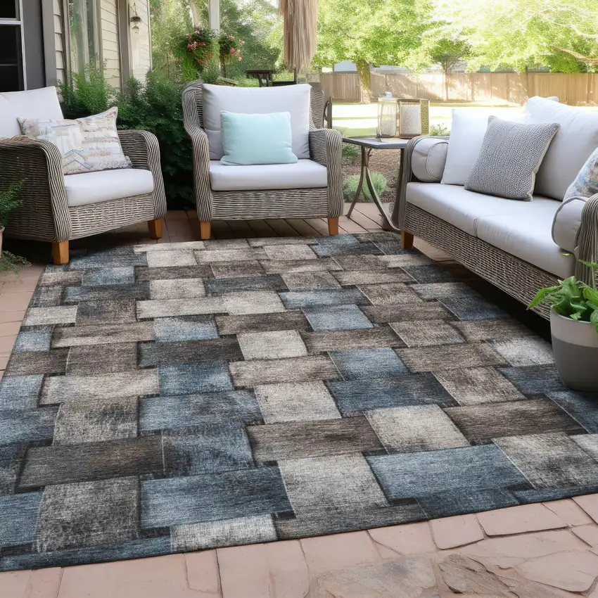 Taupe And Denim Blue Striped Washable Indoor Outdoor Area Rug Photo 5