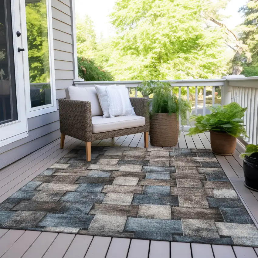 Taupe And Denim Blue Striped Washable Indoor Outdoor Area Rug Photo 8