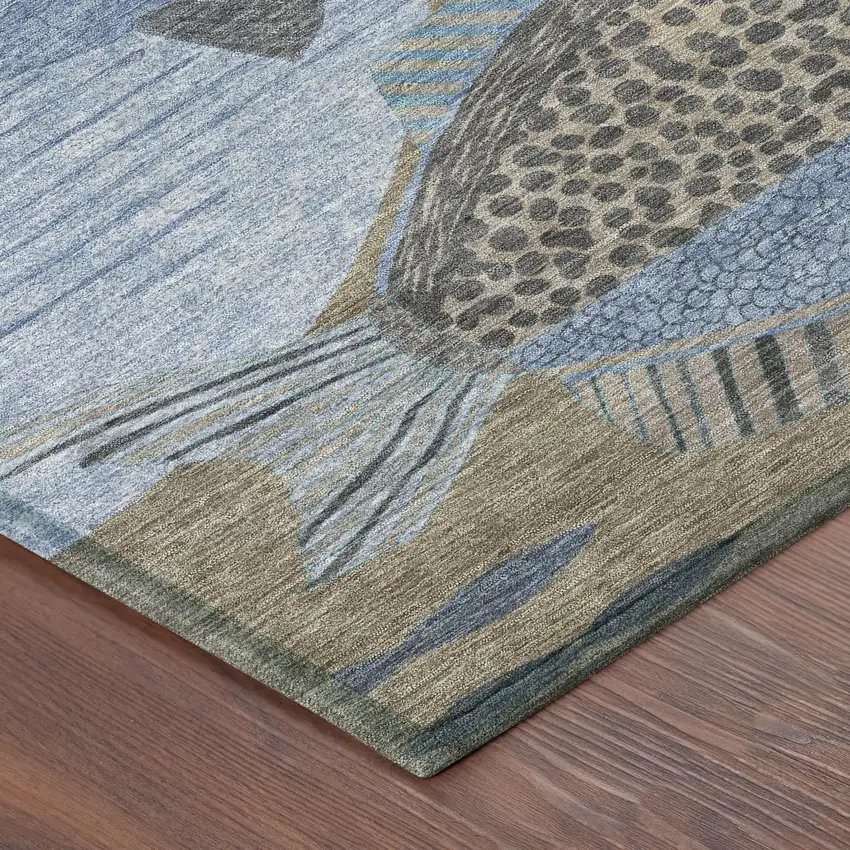 Taupe And Denim Blue Tropical Fish Washable Indoor Outdoor Area Rug Photo 8