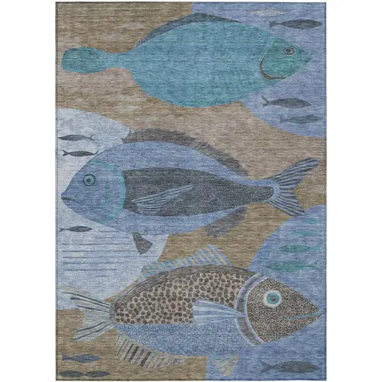 Taupe And Denim Blue Tropical Fish Washable Indoor Outdoor Area Rug Photo 1