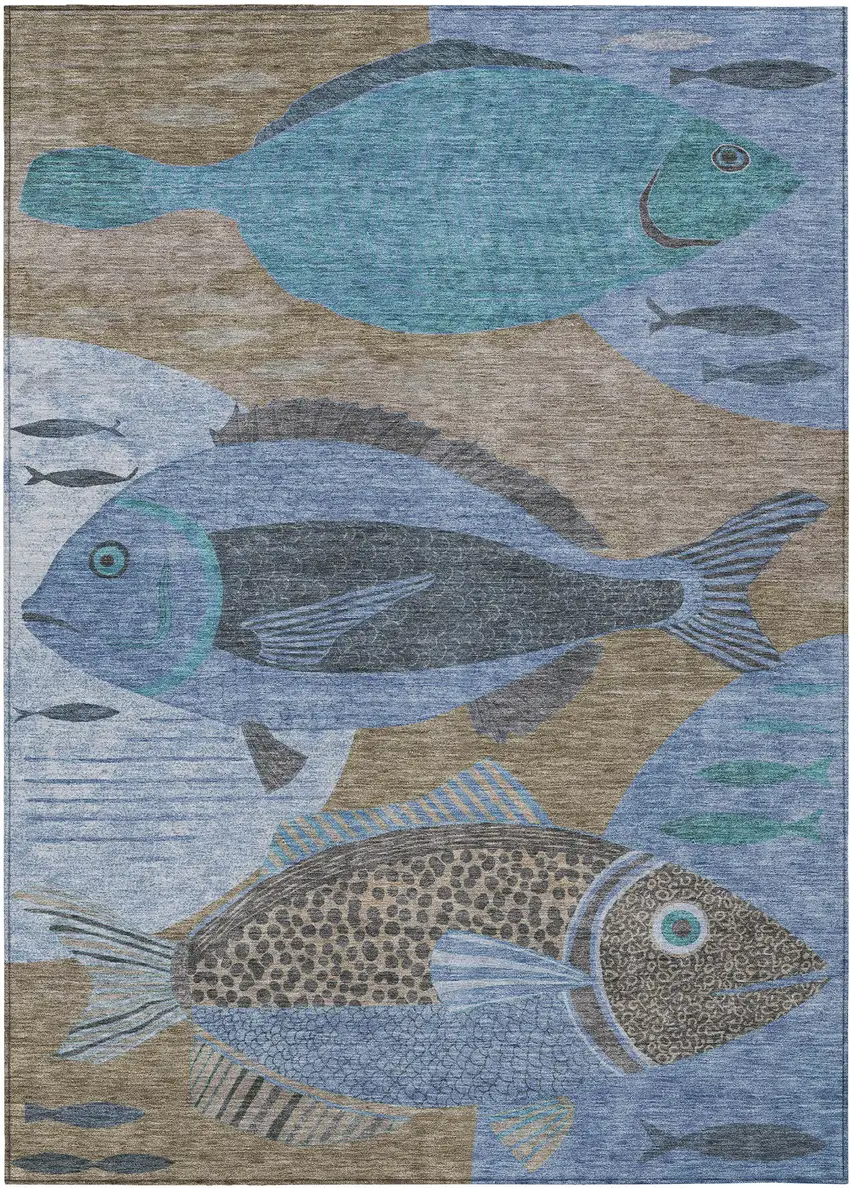 Taupe And Denim Blue Tropical Fish Washable Indoor Outdoor Area Rug Photo 1