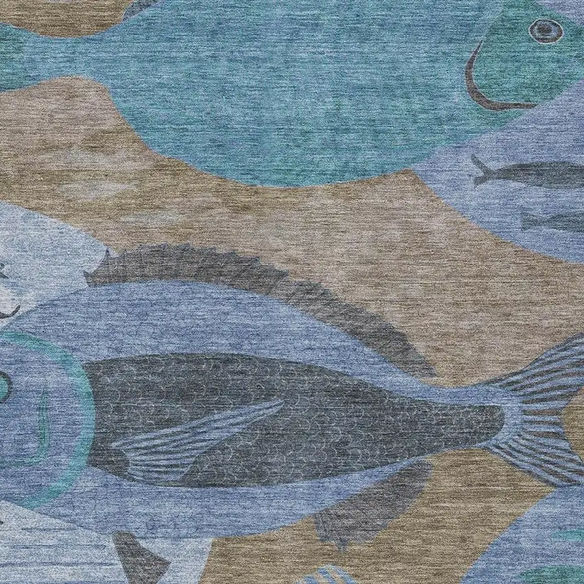 Taupe And Denim Blue Tropical Fish Washable Indoor Outdoor Area Rug Photo 2
