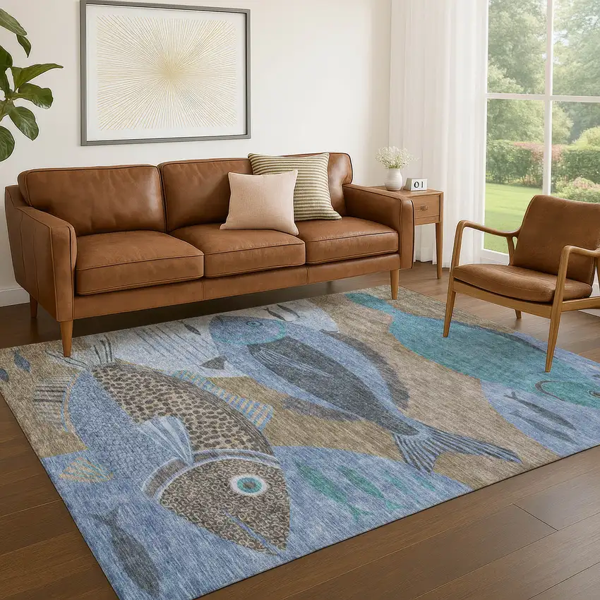 Taupe And Denim Blue Tropical Fish Washable Indoor Outdoor Area Rug Photo 5
