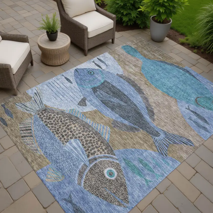 Taupe And Denim Blue Tropical Fish Washable Indoor Outdoor Area Rug Photo 7