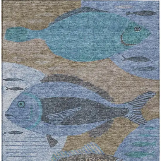 Taupe And Denim Blue Tropical Fish Washable Indoor Outdoor Area Rug Photo 3
