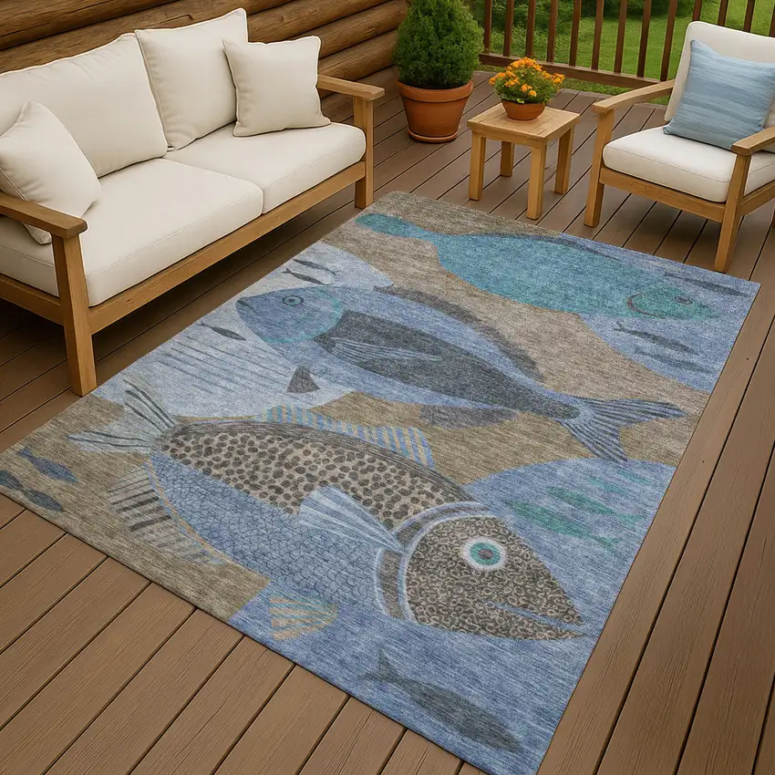 Taupe And Denim Blue Tropical Fish Washable Indoor Outdoor Area Rug Photo 4
