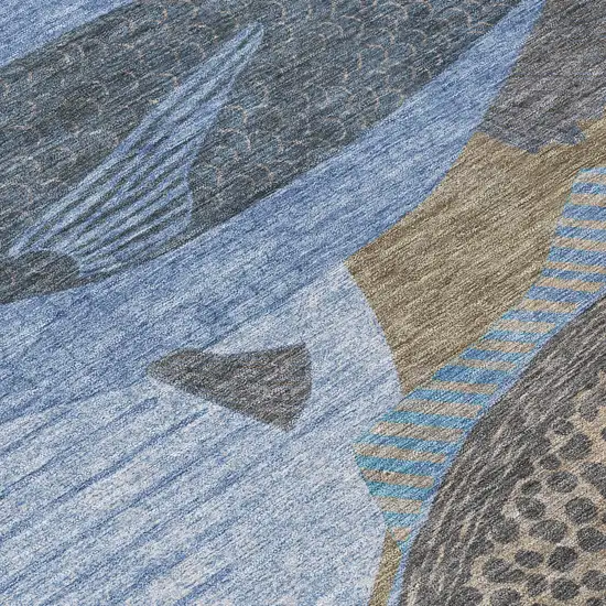 Taupe And Denim Blue Tropical Fish Washable Indoor Outdoor Area Rug Photo 9