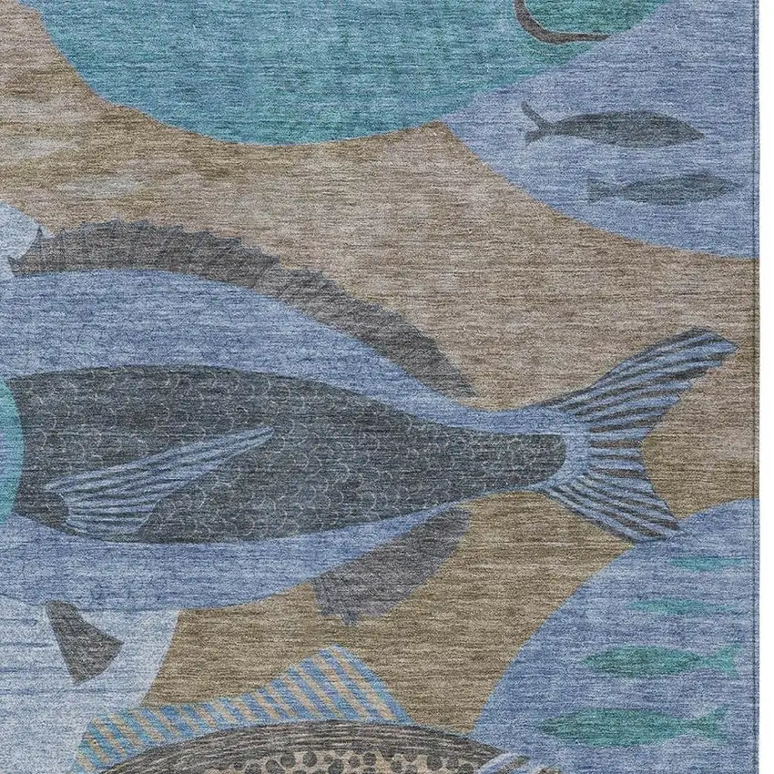 Taupe And Denim Blue Tropical Fish Washable Indoor Outdoor Area Rug Photo 2