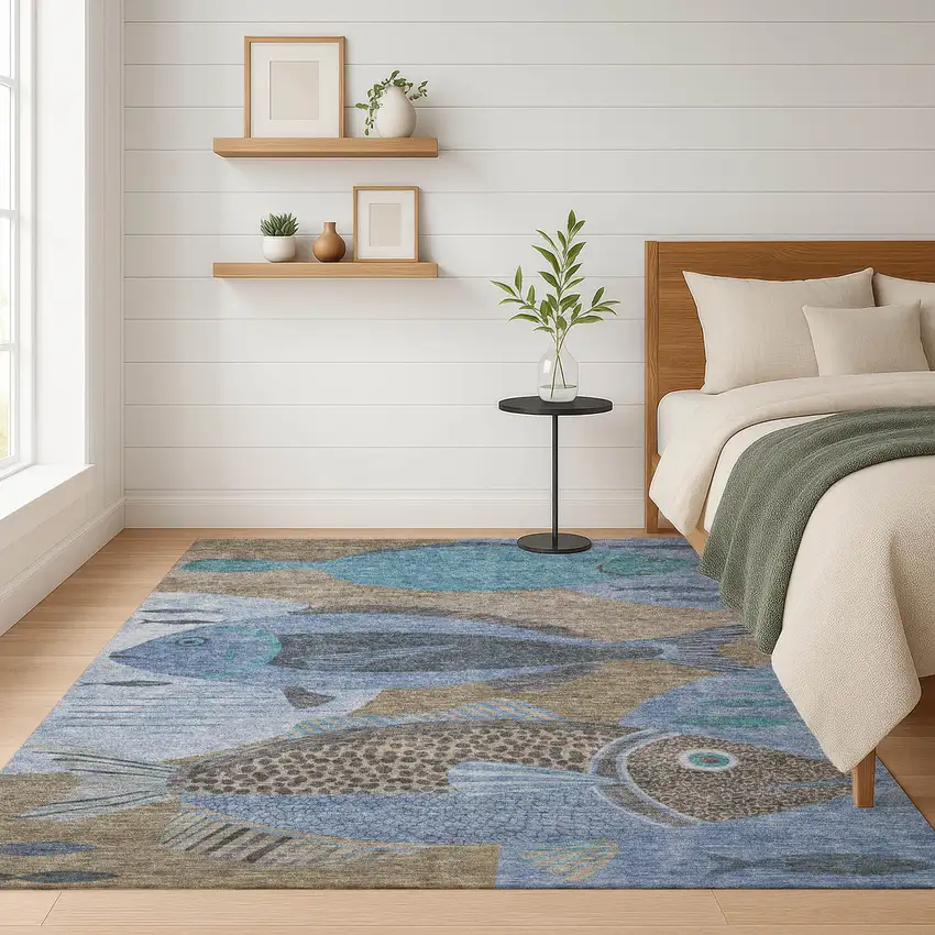 Taupe And Denim Blue Tropical Fish Washable Indoor Outdoor Area Rug Photo 6