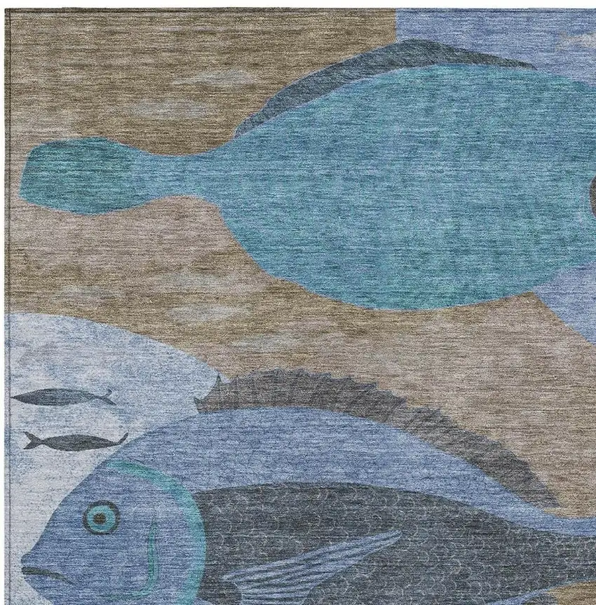 Taupe And Denim Blue Tropical Fish Washable Indoor Outdoor Area Rug Photo 2